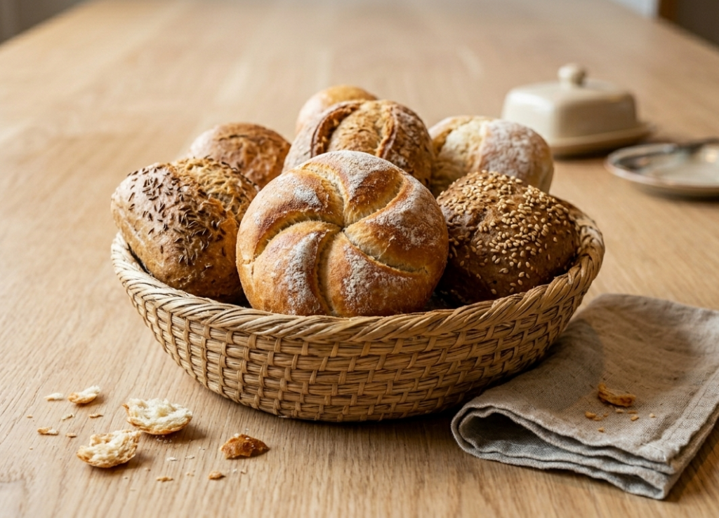 Ein geflochtener Brotkorb gefüllt mit verschiedenen frischen, goldbraunen Sonntagsbrötchen, darunter ein klassisches Kaiserbrötchen im Vordergrund sowie Körnerbrötchen. Der Korb steht auf einem hellen, minimalistischen Holztisch neben einer gefalteten Stoffserviette und ein paar vereinzelten Brotkrümeln.