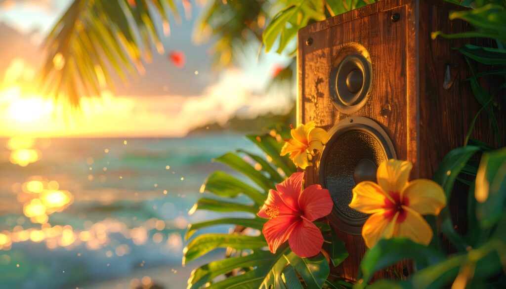 Eine Musikbox am Strand umgeben von tropischen Pflanzen